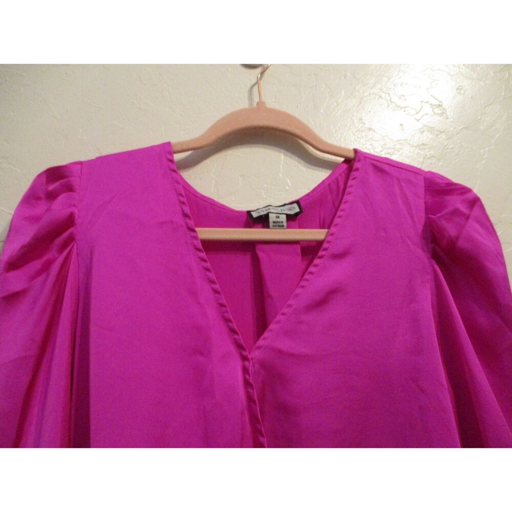 Sam & Jess Womens Sz M Satin Surplice Long Sleeve Puff Shoulder Top Pink Silky - Picture 4 of 9